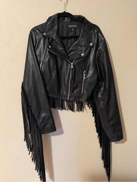 Current Mood Jackets & Blazers - Current Mood Black Faux Leather Fringe Moto Jacket